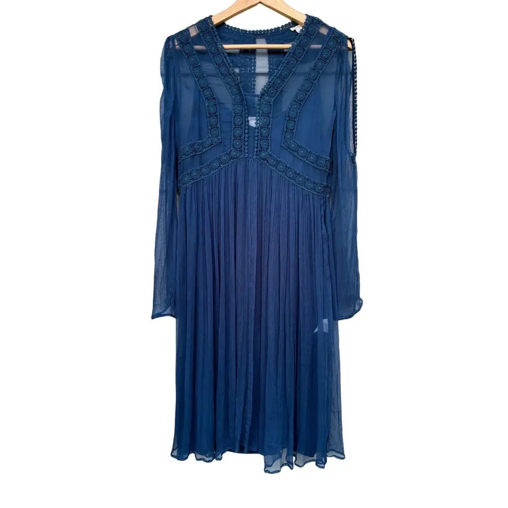 Sundance Time After Time Blue Sheer Crochet Dress Above Knee with Slip Size 8